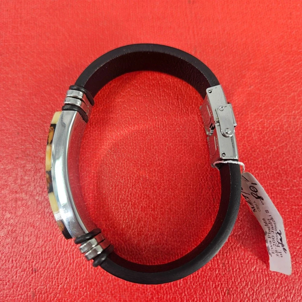 Ewa Plachta Baltic Amber Stainless Steel Leather Checkerboard Bracelet Unisex‎
